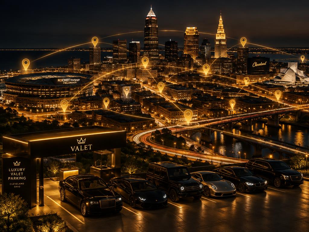 Aerial view of the Cleveland skyline at night with a valet lot
